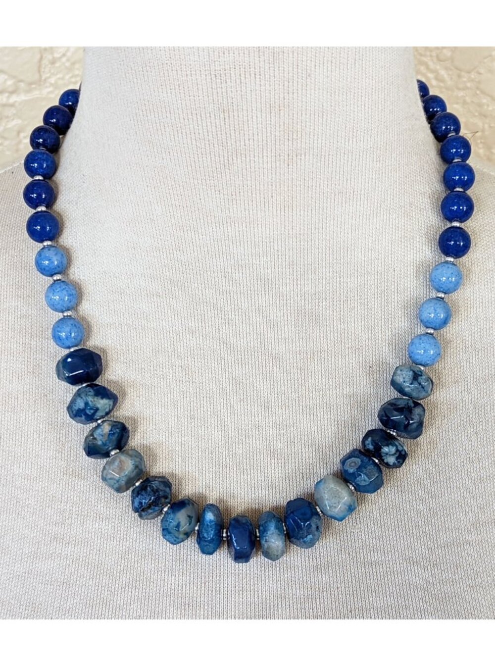 Teal Blue & Light Blue Tie Dye Agate Strand Statement Necklace